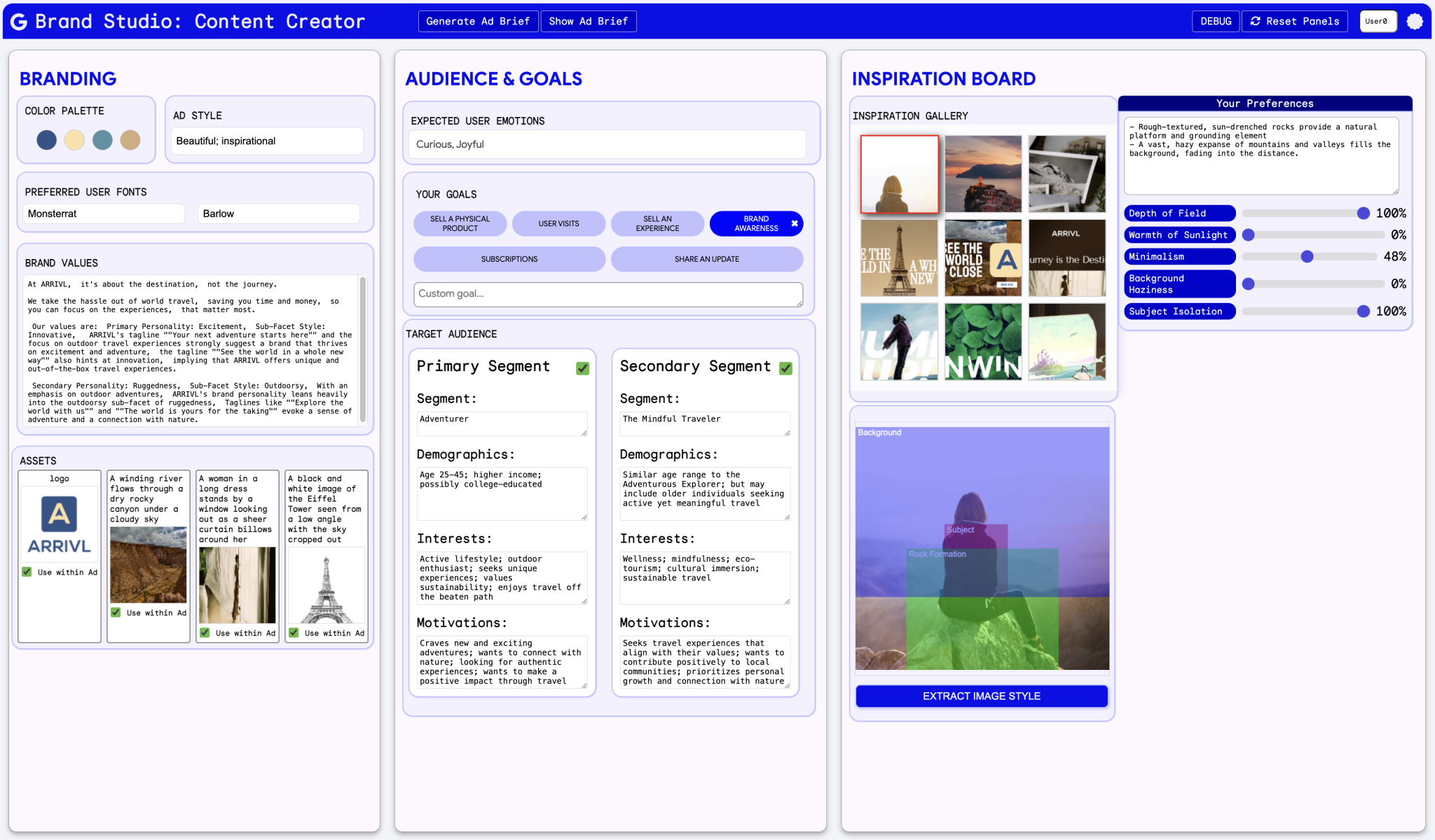ACAI prototype showing Branding, Audience and Goals, and Inspiration Board panels.